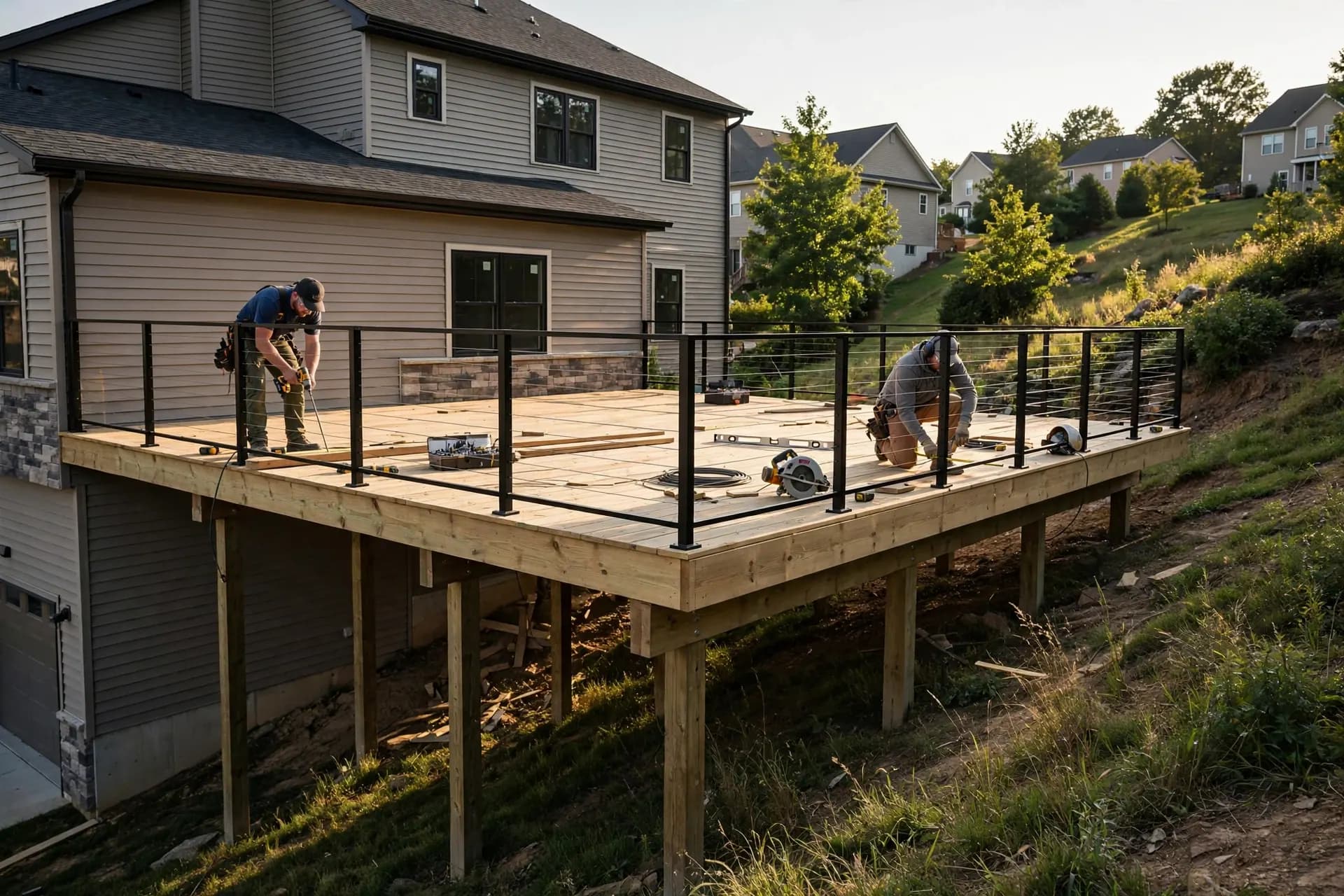 Elevated second-story deck on posts over a sloped backyard