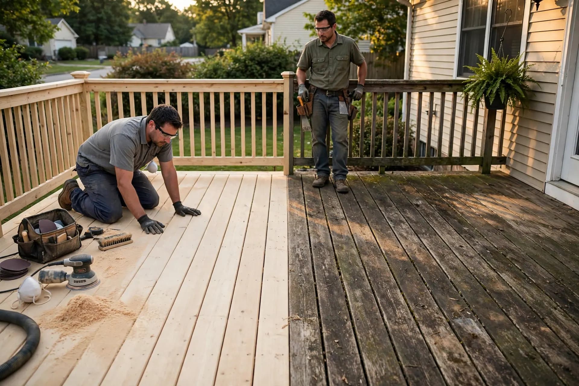 Worker restoring weathered deck boards beside a freshly sanded section