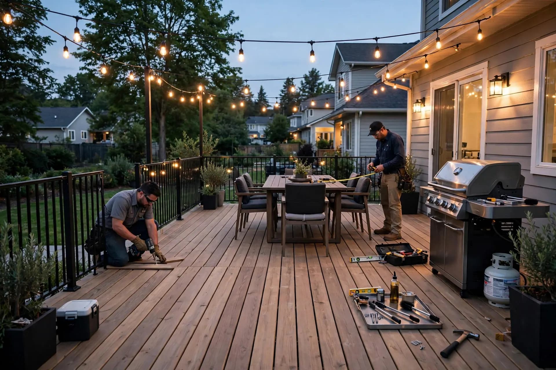 Large entertaining deck with a dining table, grill and string lights at dusk