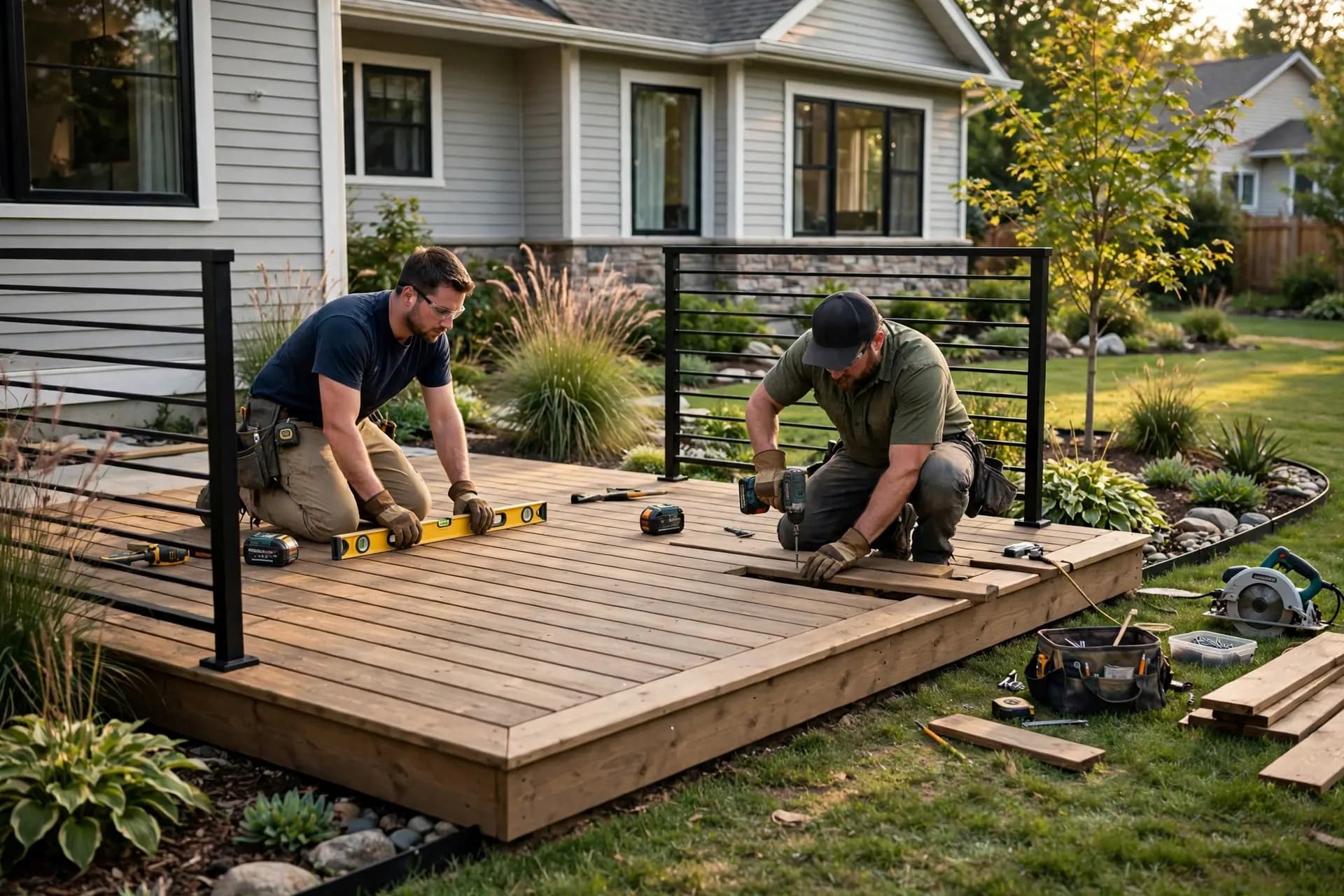 Installers finishing a low deck with black metal railing panels