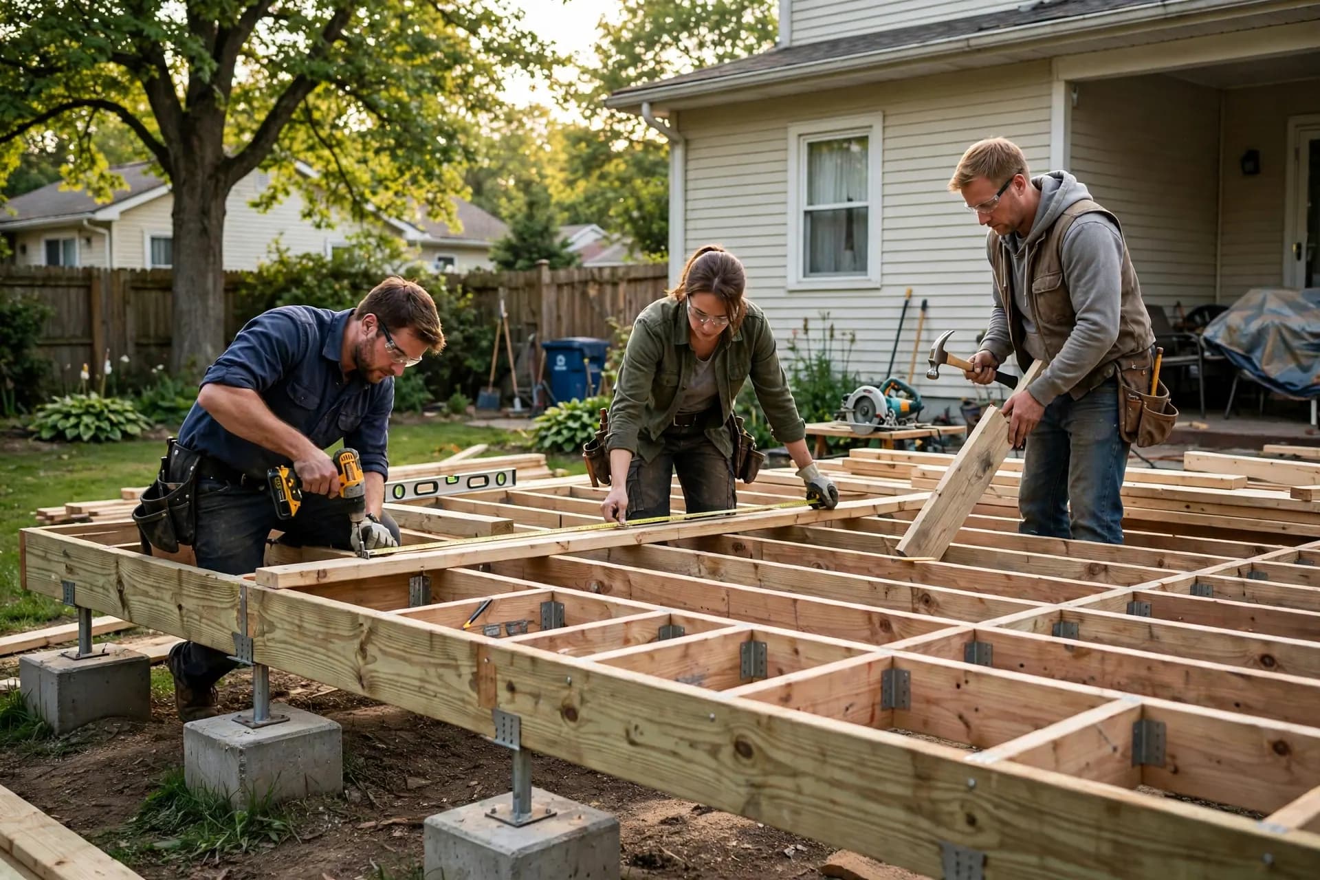 Carpenters framing a new deck structure on concrete footings